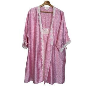 Vintage 80s Barbizon Pink Satin Lingerie Set Lace Trim Robe & Slip Size Large
